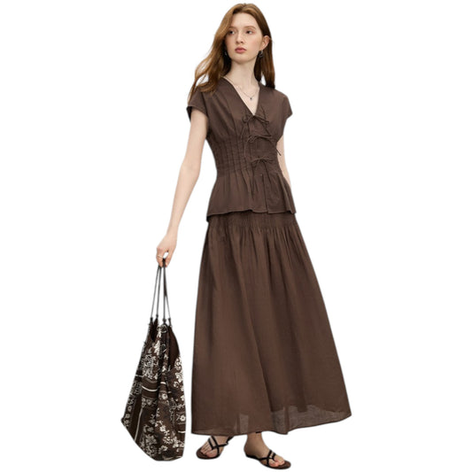 2025 Summer V-Neck Bow Tie Blouse Coffee Brown Office Shirt コーヒーカラー 通勤 シャツ