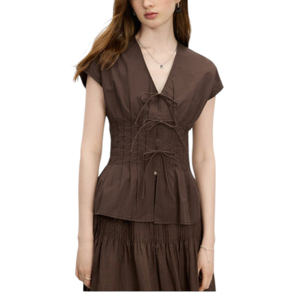 2025 Summer V-Neck Bow Tie Blouse Coffee Brown Office Shirt コーヒーカラー 通勤 シャツ