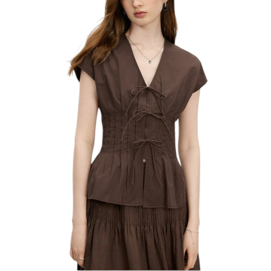 2025 Summer V-Neck Bow Tie Blouse Coffee Brown Office Shirt コーヒーカラー 通勤 シャツ