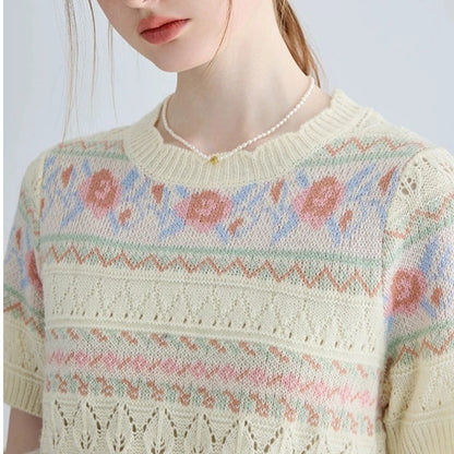 JACQUARD SHORT-SLEEVED KNIT SWEATER