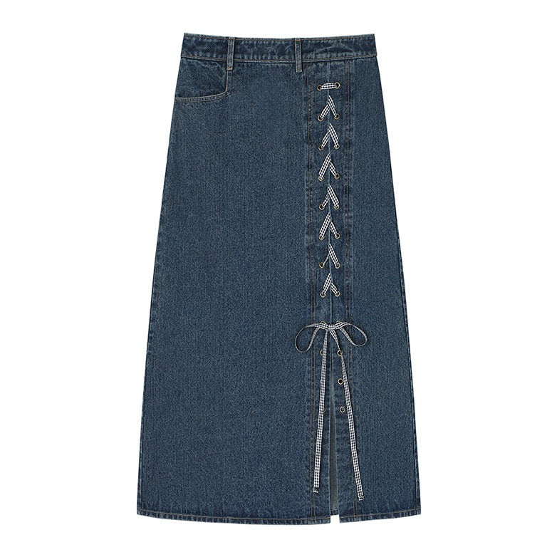 DENIM CROSS STRAP SKIRT リボン付き ロング タイト デニムスカート