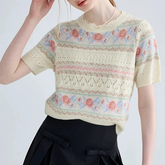 JACQUARD SHORT-SLEEVED KNIT SWEATER