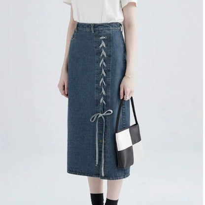 DENIM CROSS STRAP SKIRT リボン付き ロング タイト デニムスカート