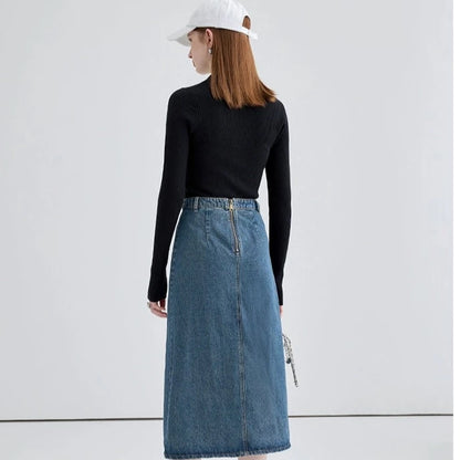 DENIM CROSS STRAP SKIRT リボン付き ロング タイト デニムスカート