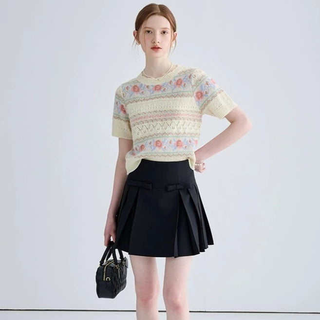 JACQUARD SHORT-SLEEVED KNIT SWEATER