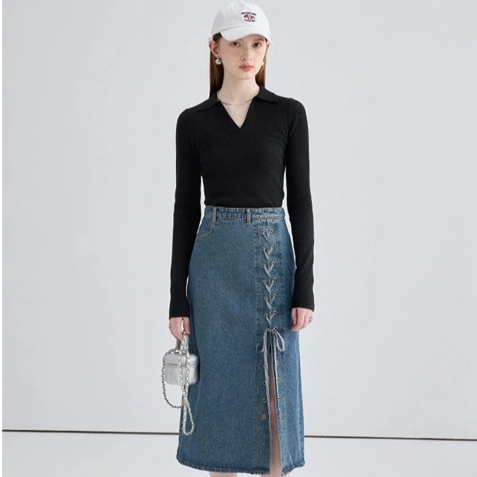 DENIM CROSS STRAP SKIRT リボン付き ロング タイト デニムスカート