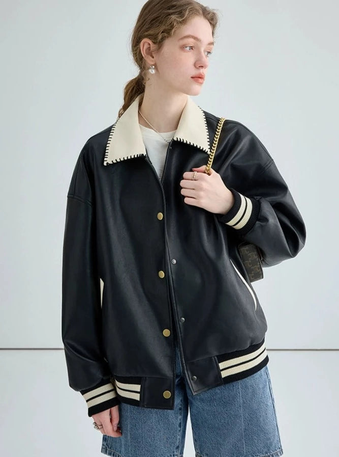 COLOR BLOCKING COLLAR LEATHER JACKET