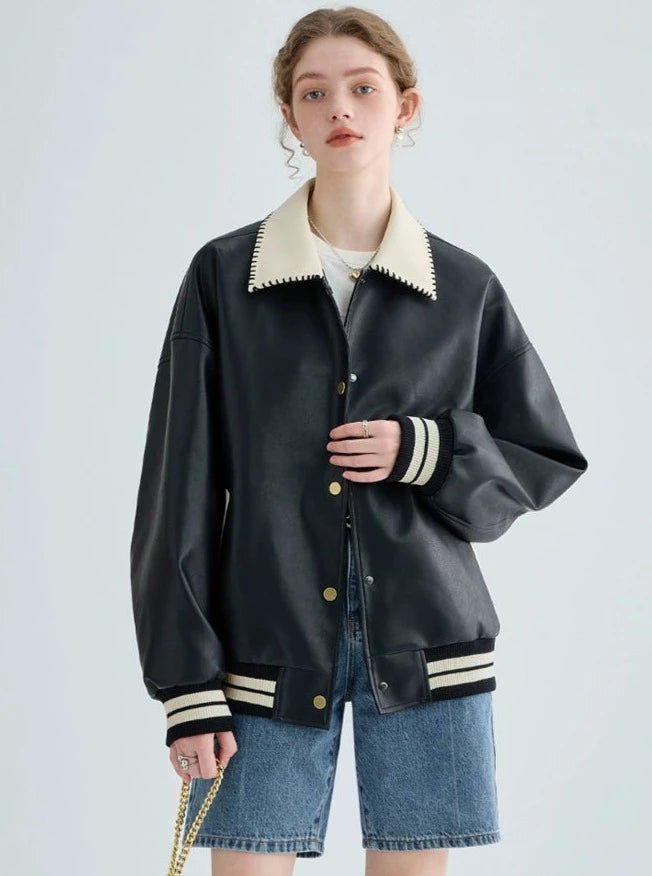 COLOR BLOCKING COLLAR LEATHER JACKET