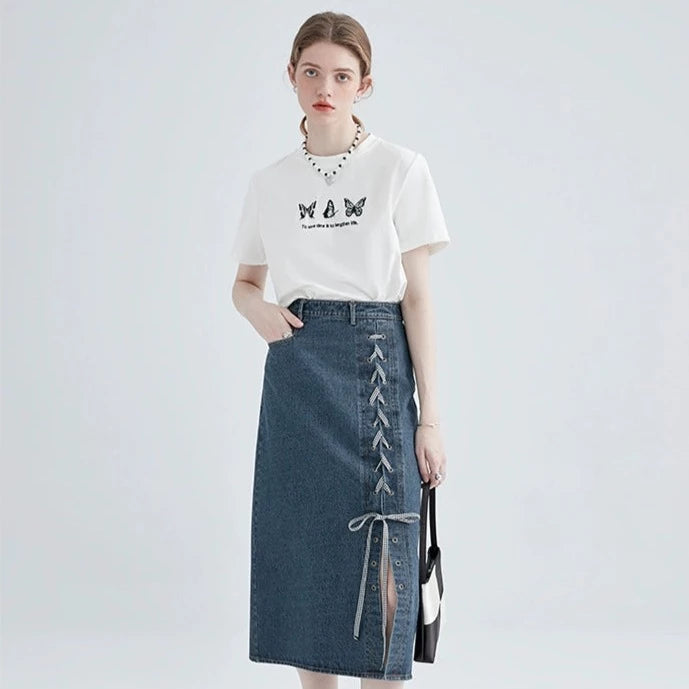 DENIM CROSS STRAP SKIRT リボン付き ロング タイト デニムスカート