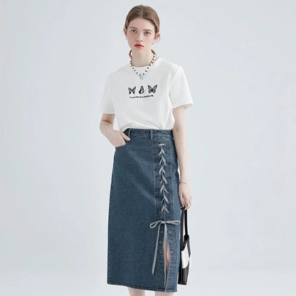 DENIM CROSS STRAP SKIRT リボン付き ロング タイト デニムスカート